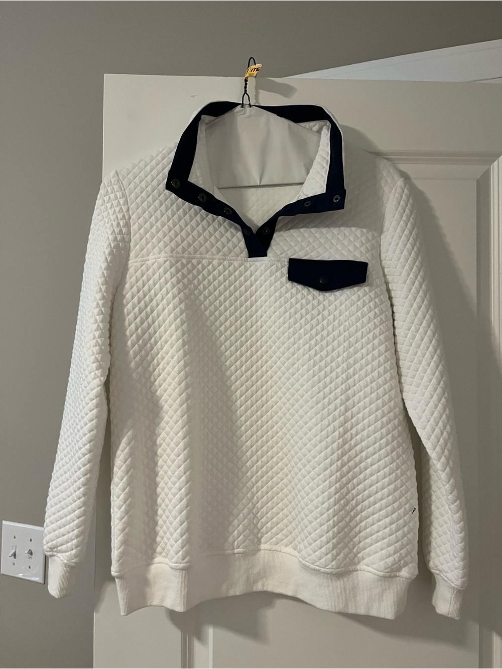 Women's Quilted White Pullover Jacket with Navy Trim